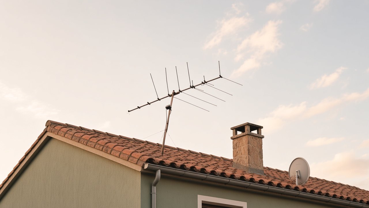 Antena de televisión en el tejado de una vivienda con cielo despejado